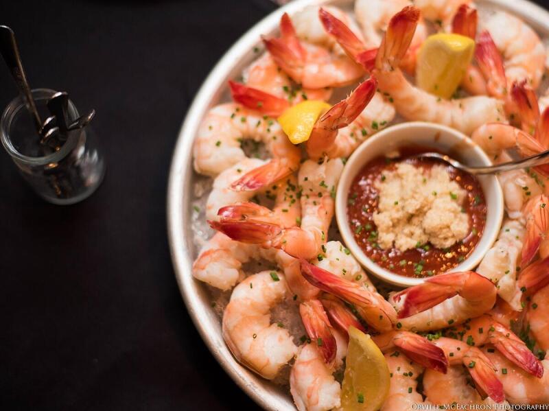 Shrimp with cocktail sauce catered by Alley Cat Oyster Bar